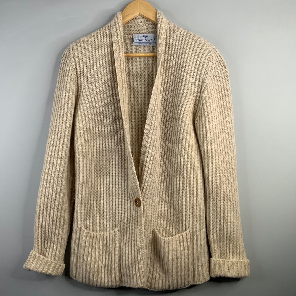 Susan Bristol Womens Knit Cardigan Sweater Beige Button Front Pockets Size M